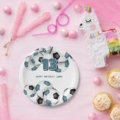 Zwarte blauwgroen voetballen kinder sport verjaard papieren bordje (Feest)