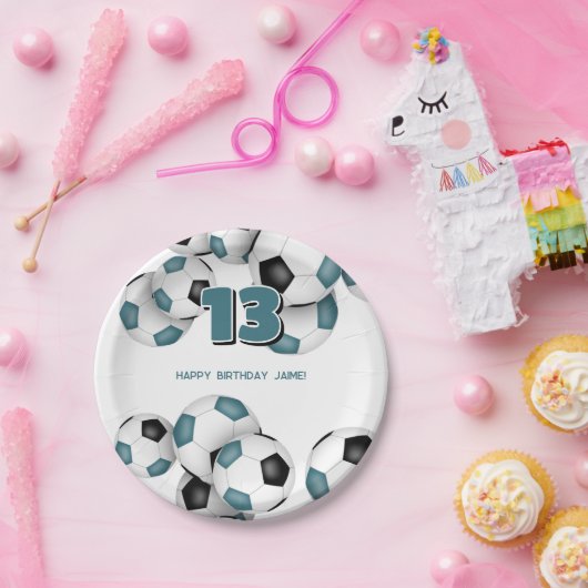 Zwarte blauwgroen voetballen kinder sport verjaard papieren bordje (Feest)