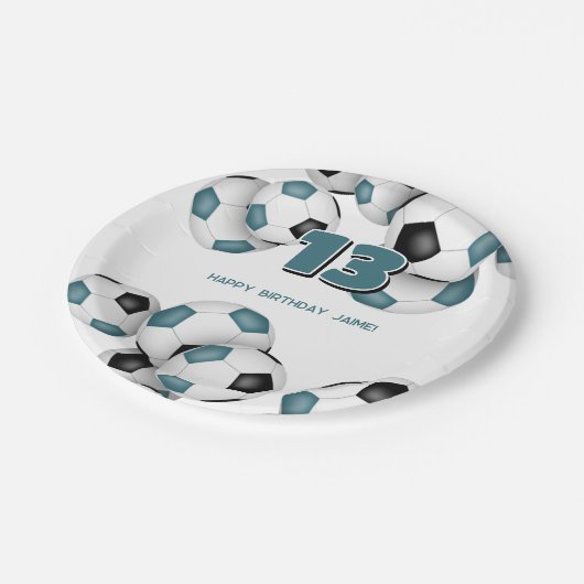 Zwarte blauwgroen voetballen kinder sport verjaard papieren bordje (Gekanteld)