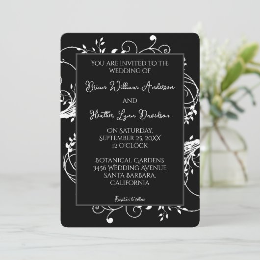 Zwarte Bloeiende Huwelijksuitnodiging Kaart (Staand voorkant)