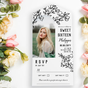 Zwarte Bloeiende Takken Foto Sweet Sixteen All In One Uitnodiging