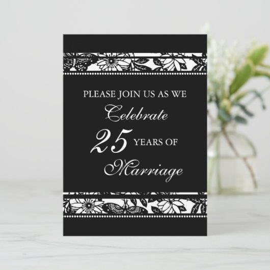 Zwarte bloem 25e jubileum feest uitnodiging (Staand voorkant)