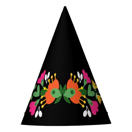 Zwarte Bloem Fiesta Mexicaanse Borduurwerk Verjaar Feesthoedjes (Voorkant)