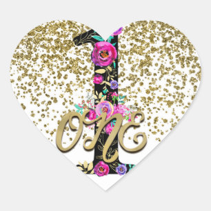 Zwarte Bloem Gouden Glitters EEN 1 1e Verjaardagsf Hart Sticker