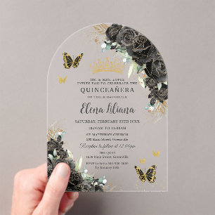 Zwarte bloem gouden vlinders Quinceanera 15 Boog Acryl Uitnodigingen