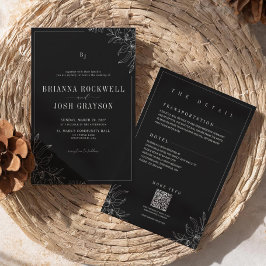 Zwarte Bloem Landelijke Elegante Monogram QR Bruil Kaart