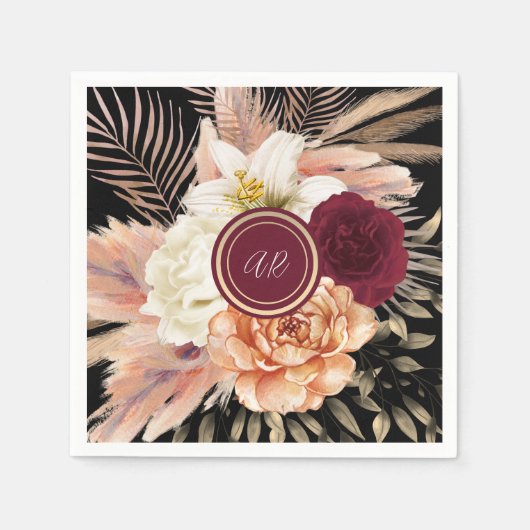 Zwarte Bloem Monogram Trouwfeest Servet (Voorkant)
