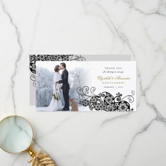Zwarte Bloem Paisley Boho Elegante Trouwfoto Bedankkaart (Voorkant / Achterkant in situ)