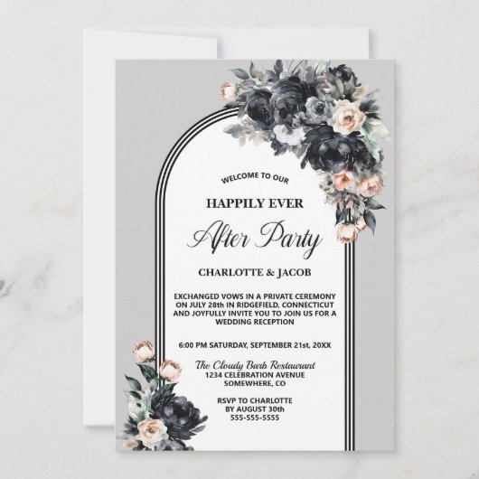 Zwarte Bloemboog Grijs Huwelijk Na Feest Kaart (Voorkant)