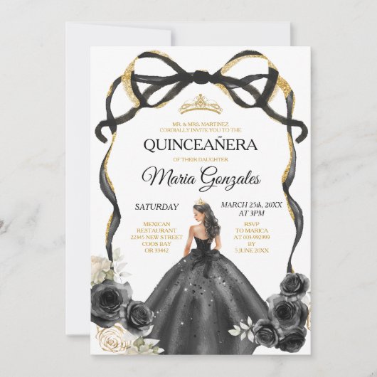 Zwarte Bloemboog Prinses Gouden Kroon Quinceañera Kaart (Voorkant)