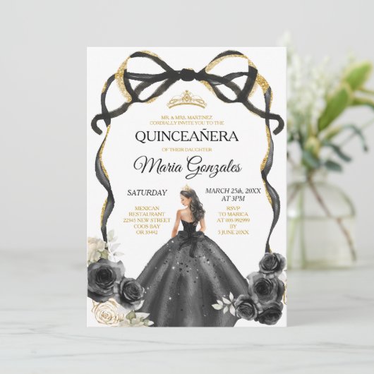 Zwarte Bloemboog Prinses Gouden Kroon Quinceañera Kaart (Staand voorkant)