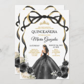 Zwarte Bloemboog Prinses Gouden Kroon Quinceañera Kaart (Voorkant / Achterkant)