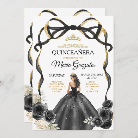Zwarte Bloemboog Prinses Gouden Kroon Quinceañera Kaart (Voorkant / Achterkant)