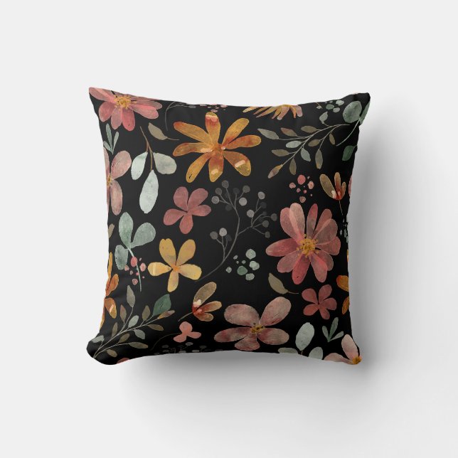 Zwarte bloemen bedrukt kussen (Voorkant)