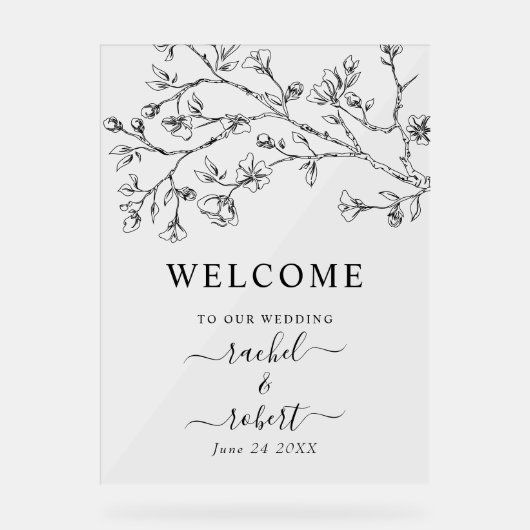 Zwarte bloemen bloemenbruiloft welkomstbord acryl bord (Voorkant)