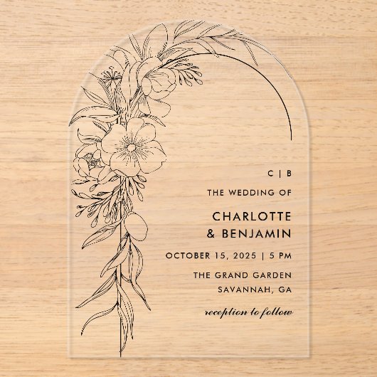 Zwarte Bloemen Boeket Boog Huwelijk Acryl Uitnodigingen (Voorkant)