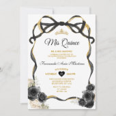 Zwarte Bloemen Boog Ribbon Gouden Kroon Mis Quince Kaart (Voorkant)