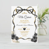 Zwarte Bloemen Boog Ribbon Gouden Kroon Mis Quince Kaart (Staand voorkant)