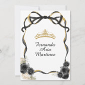 Zwarte Bloemen Boog Ribbon Gouden Kroon Mis Quince Kaart (Achterkant)