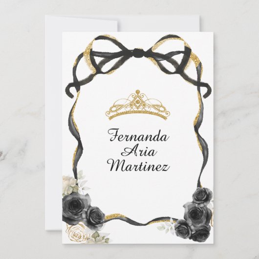 Zwarte Bloemen Boog Ribbon Gouden Kroon Mis Quince Kaart (Achterkant)