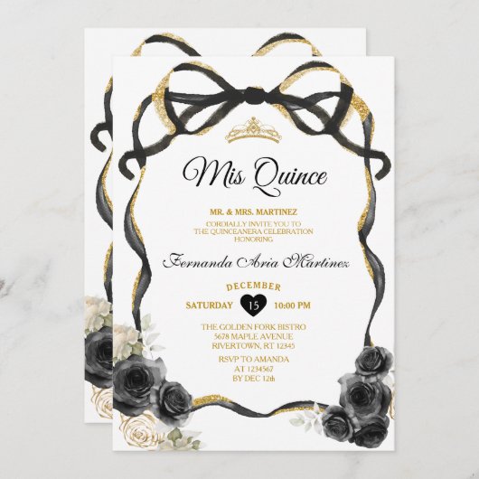 Zwarte Bloemen Boog Ribbon Gouden Kroon Mis Quince Kaart (Voorkant / Achterkant)