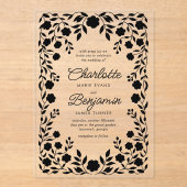 Zwarte  Bloemen Border Wedding Acryl Uitnodigingen (Voorkant)