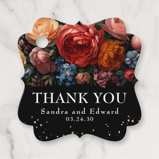 Zwarte Bloemen Botanische Moody bruiloft Dank u Bedankjes Labels (Voorkant)