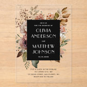 Zwarte bloemen bruiloft | Elegante Boho Botanische Acryl Uitnodigingen (Voorkant)