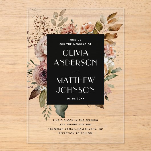 Zwarte bloemen bruiloft | Elegante Boho Botanische Acryl Uitnodigingen (Voorkant)