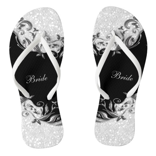 Zwarte Bloemen & Confetti Glitter | Bruiloft Teenslippers (Voetbed)