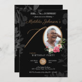 Zwarte Bloemen Custom Photo Surprise 70ste Verjaar Kaart (Voorkant / Achterkant)