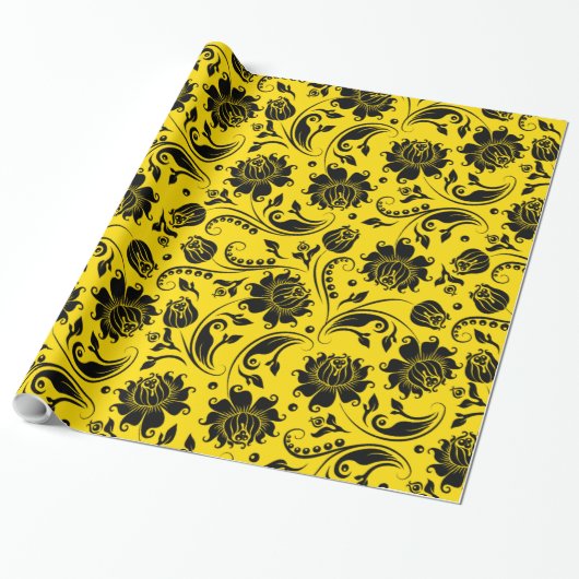 Zwarte Bloemen Damasks op geel Cadeaupapier (Uitgerold)