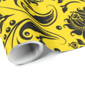 Zwarte Bloemen Damasks op geel Cadeaupapier (Rol Hoek)