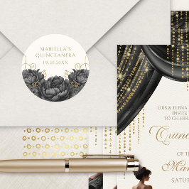 Zwarte Bloemen Elegante Quinceanera Ronde Sticker