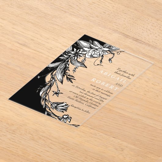 Zwarte bloemen en typografie bloemenbruiloft acryl uitnodigingen (Laagn)