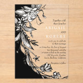 Zwarte bloemen en typografie bloemenbruiloft acryl uitnodigingen (Voorkant)