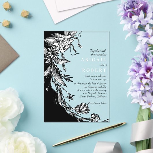 Zwarte bloemen en typografie bloemenbruiloft acryl uitnodigingen (Insitu (Huwelijk))