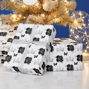 Zwarte Bloemen en Zilveren Kronen Cadeaupapier