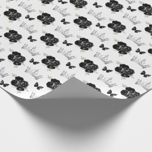 Zwarte bloemen en zilveren kronen cadeaupapier (Hoek)