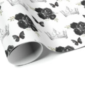 Zwarte bloemen en zilveren kronen cadeaupapier (Rol Hoek)
