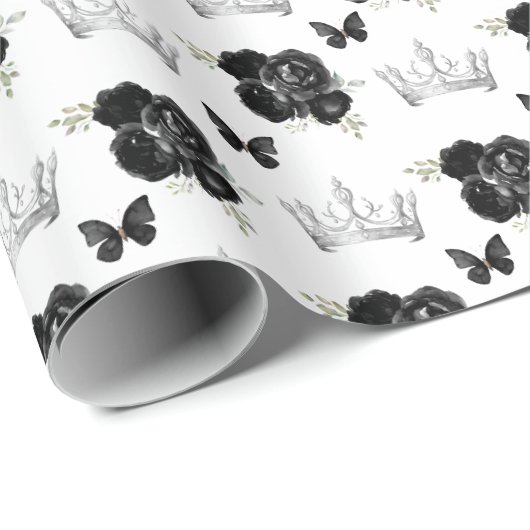 Zwarte bloemen en zilveren kronen cadeaupapier (Rol Hoek)