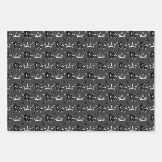 Zwarte bloemen en zilveren kronen inpakpapier vel (Voorkant 3)