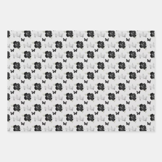 Zwarte bloemen en zilveren kronen inpakpapier vel (Voorkant 2)