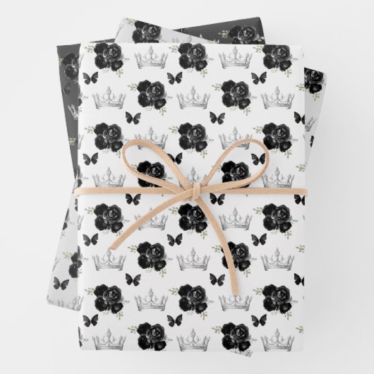 Zwarte bloemen en zilveren kronen inpakpapier vel (In situ)