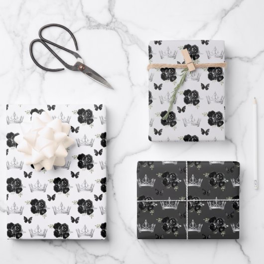 Zwarte bloemen en zilveren kronen inpakpapier vel (Voorkant)