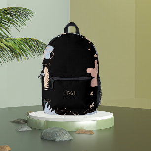 Zwarte bloemen geïnspireerd op bohemien bedrukte rugzak