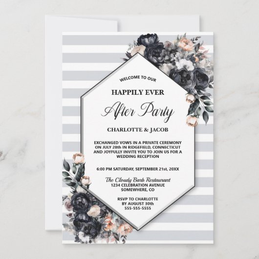 Zwarte Bloemen Geometrische Gestreepte Huwelijk Na Kaart (Voorkant)