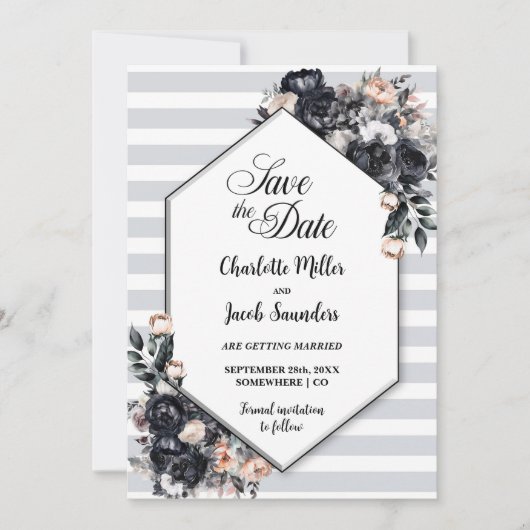 Zwarte Bloemen Geometrische Gestreepte Huwelijk Save The Date (Voorkant)