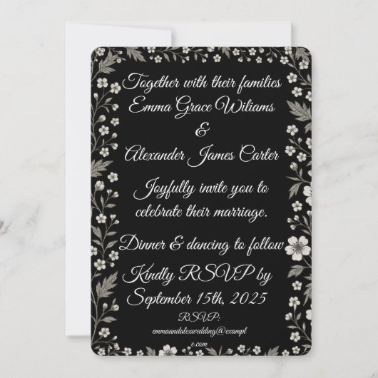 Zwarte Bloemen Huwelijksuitnodiging met Elegant Wi Kaart (Voorkant)