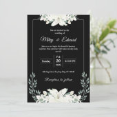 Zwarte Bloemen Huwelijksuitnodiging met Witte Leli Kaart (Staand voorkant)
